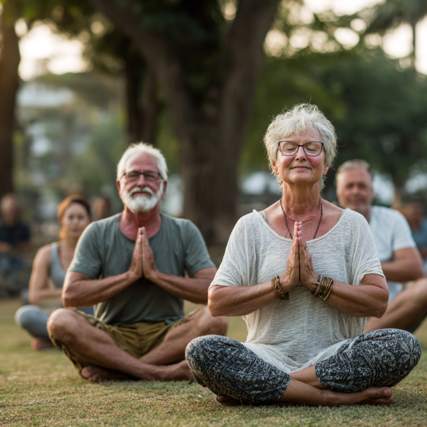 Інструктор йоги працює з літньою жінкою